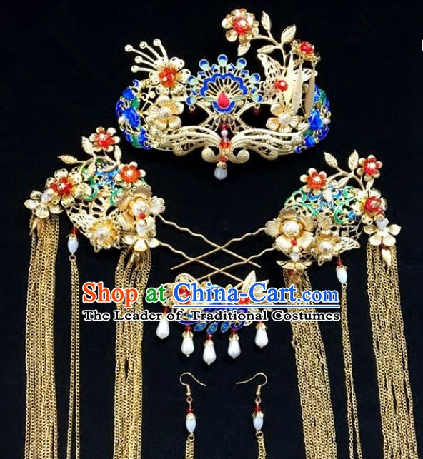 Traditional Chinese Ancient Wedding Phoenix Coronet Hair Accessories Cloisonne Hairpins Complete Set for Women