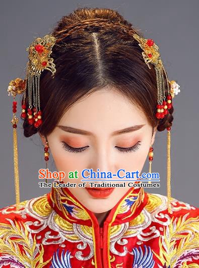 Traditional Chinese Ancient Bride Hair Accessories Xiuhe Suit Hairpins and Earrings for Women