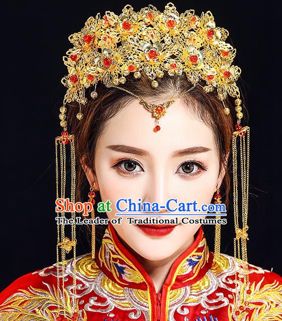 Traditional Chinese Ancient Bride Hair Accessories Xiuhe Suit Golden Phoenix Coronet Hairpins Complete Set for Women