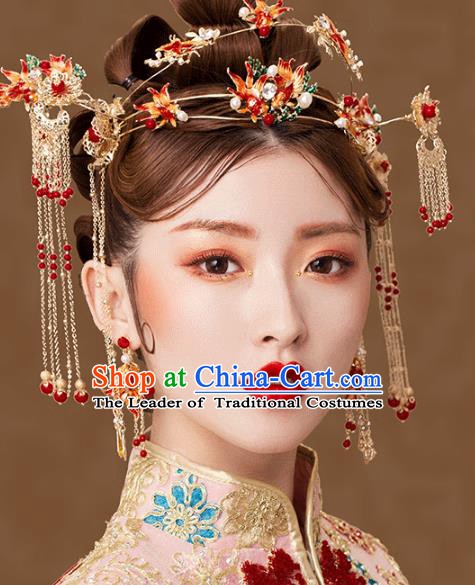 Traditional Chinese Ancient Bride Hair Accessories Xiuhe Suit Goldfish Phoenix Coronet Hairpins Complete Set for Women