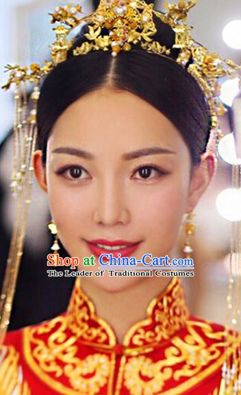 Traditional Chinese Ancient Bride Hair Accessories Xiuhe Suit Golden Phoenix Coronet Hairpins Complete Set for Women