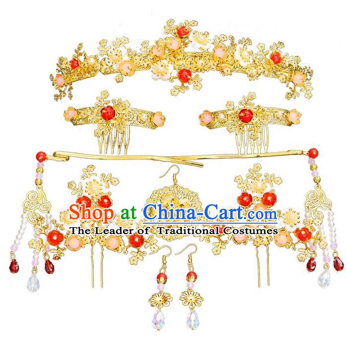 Traditional Chinese Ancient Bride Hair Accessories Xiuhe Suit Hair Comb Hairpins Complete Set for Women