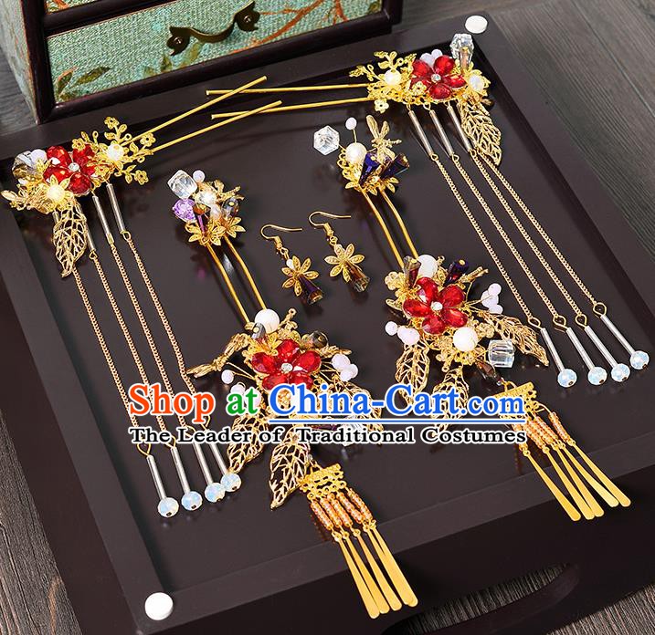 Traditional Chinese Ancient Bride Hair Accessories Xiuhe Suit Tassel Step Shake Hairpins Complete Set for Women