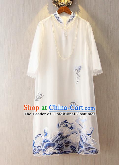 Chinese Traditional National Cheongsam Tangsuit Embroidered White Qipao Dress for Women