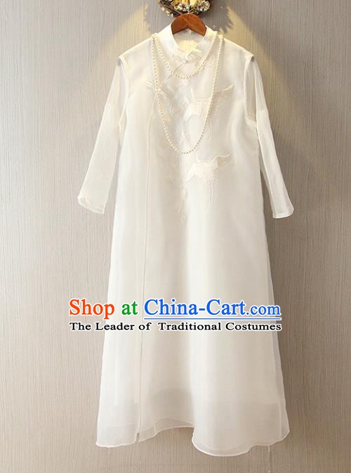 Chinese Traditional National Cheongsam Dress Tangsuit Embroidered White Qipao for Women