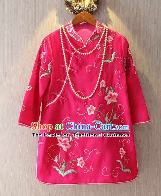 Chinese Traditional National Costume Cheongsam Blouse Tangsuit Embroidered Rosy Qipao Shirts for Women