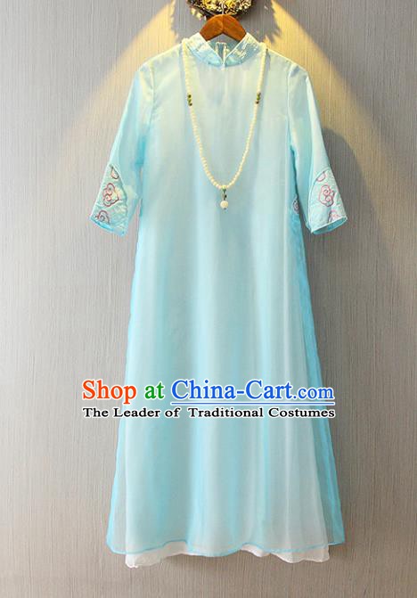 Chinese Traditional National Cheongsam Costume Tangsuit Blue Dress for Women