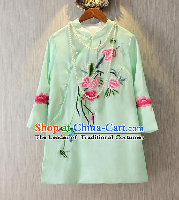 Chinese Traditional National Cheongsam Blouse Costume Embroidered Peony Tangsuit Green Shirts for Women