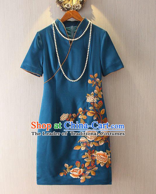 Chinese Traditional National Cheongsam Costume Embroidered Tangsuit Blue Dress for Women