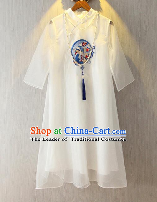 Chinese Traditional National Cheongsam Costume Tangsuit Embroidered White Dress for Women