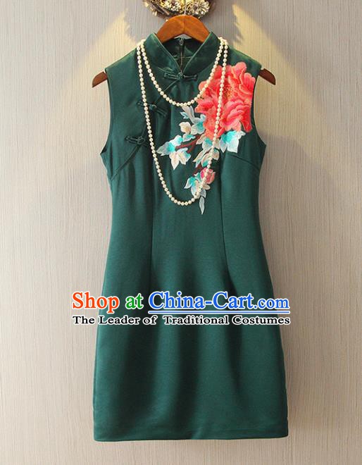 Chinese Traditional National Cheongsam Dress Tangsuit Embroidered Green Qipao for Women