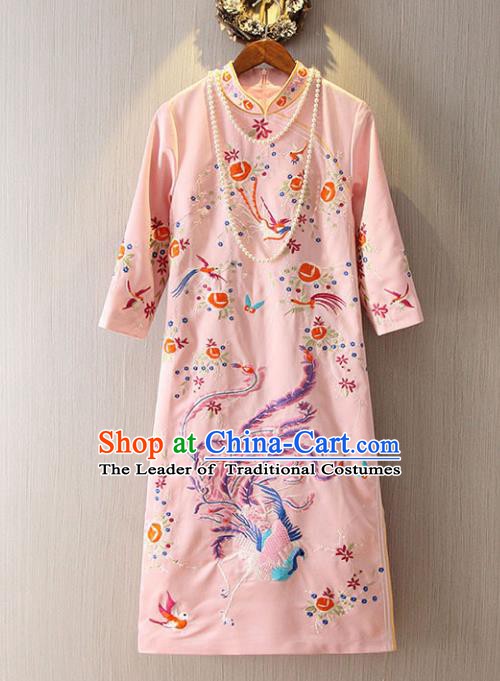 Chinese Traditional National Cheongsam Dress Tangsuit Embroidered Phoenix Pink Qipao for Women