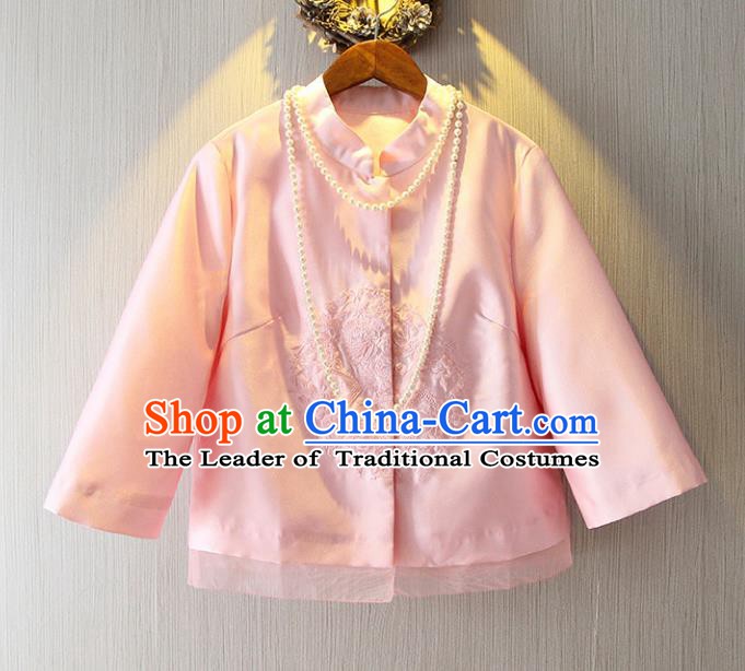 Chinese Traditional National Costume Cheongsam Pink Shirts Tangsuit Embroidered Blouse for Women