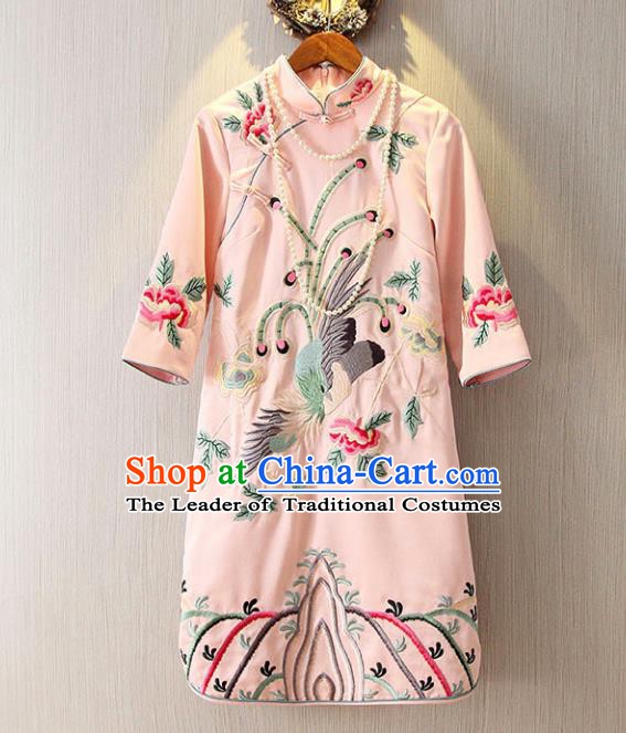 Chinese Traditional National Costume Pink Cheongsam Tangsuit Embroidered Qipao Dress for Women