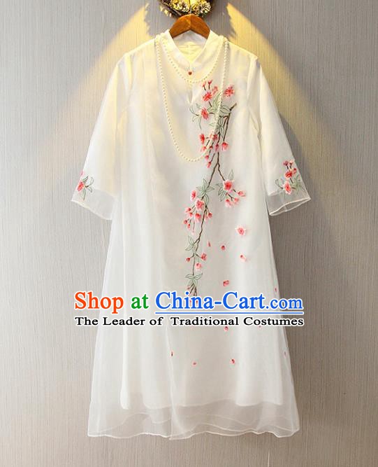 Chinese Traditional National Costume Cheongsam Tangsuit Embroidered White Dress for Women