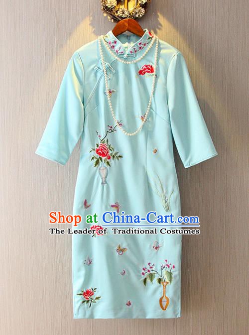 Chinese Traditional National Costume Tangsuit Embroidered Blue Cheongsam Dress for Women