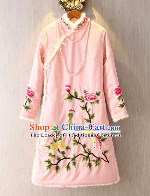 Chinese Traditional National Costume Pink Qipao Tangsuit Embroidered Cheongsam Dress for Women