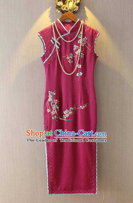 Chinese Traditional National Costume Red Qipao Tangsuit Embroidered Cheongsam Dress for Women