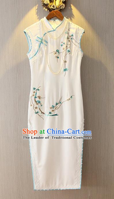 Chinese Traditional National Costume White Qipao Tangsuit Embroidered Cheongsam Dress for Women