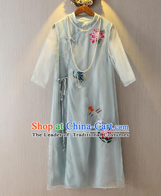 Chinese Traditional National Costume Embroidered Light Blue Cheongsam Tangsuit Qipao Dress for Women