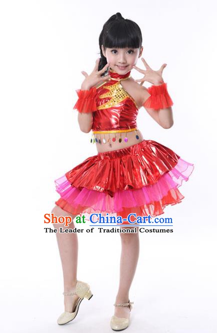 Chinese Classical Stage Performance Jazz Dance Costume, Children Modern Dance Red Bubble Dress for Kids