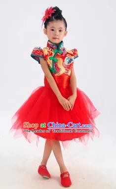 Chinese Classical Stage Performance Classical Dance Costume, Children Yangko Dance Red Bubble Dress for Kids