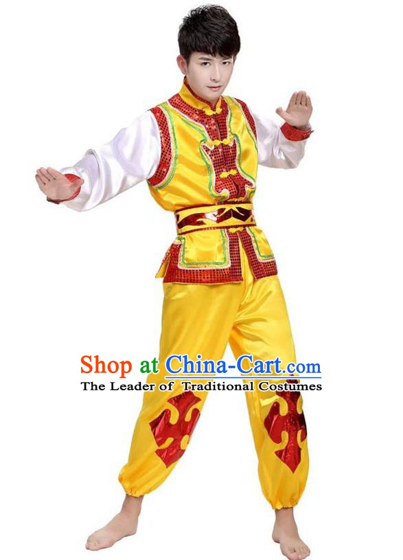 Traditional Chinese Yangge Dance Fan Dance Costume, Folk Drum Dance Yellow Uniform Yangko Clothing for Men