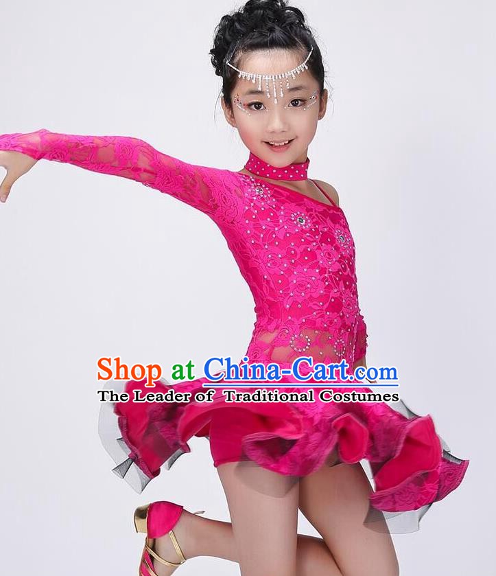 Chinese Classic Stage Performance Costume Children Modern Latin Dance Rosy Dress for Kids