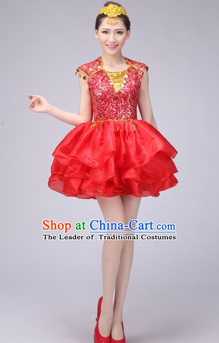 Chinese Classic Stage Performance Costume Modern Dance Red Bubble Dress for Women