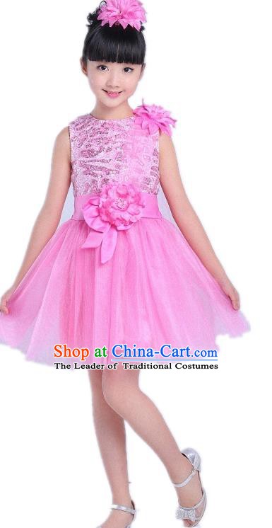 Children Modern Dance Compere Costume Pink Bubble Dress, Chorus Singing Group Girls Clothing for Kids