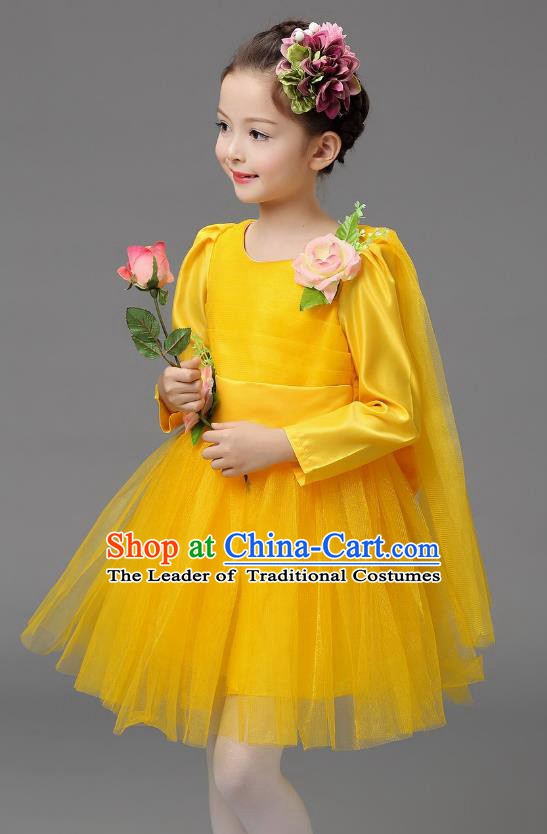 Top Grade Modern Dance Costume, Children Chorus Singing Group Dance Yellow Veil Dress for Kids