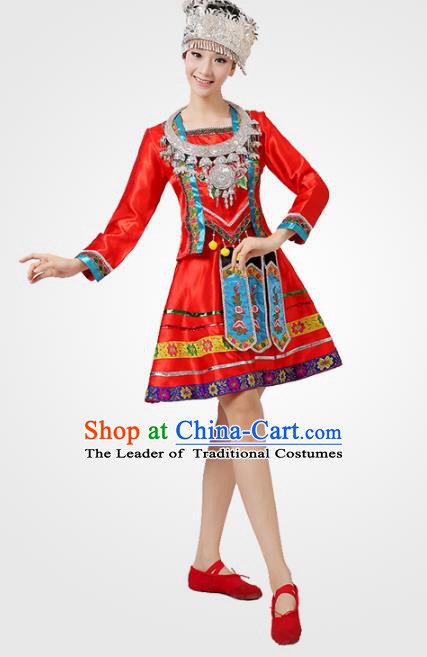 Traditional Chinese Ethnic Costume Chinese Miao Minority Nationality Dance Red Dress for Women