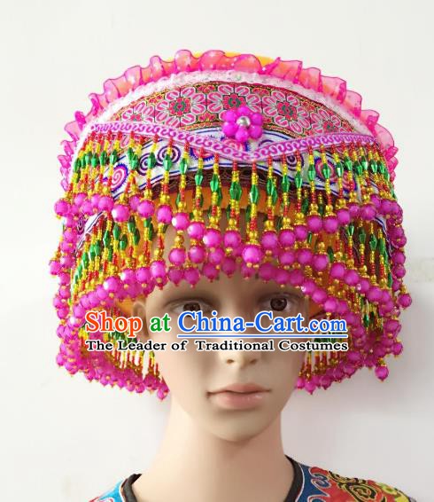 Traditional Chinese Yi Nationality Dance Hair Accessories Pink Beads Tassel Hats Hmong Ethnic Minority Headwear for Women