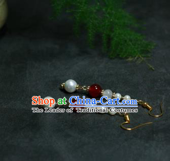 Traditional Chinese Ancient Handmade Hanfu Red Beads Pearls Earrings for Women