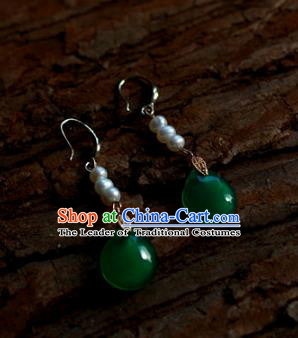 Traditional Chinese Ancient Handmade Pearls Earrings Hanfu Jade Eardrop for Women