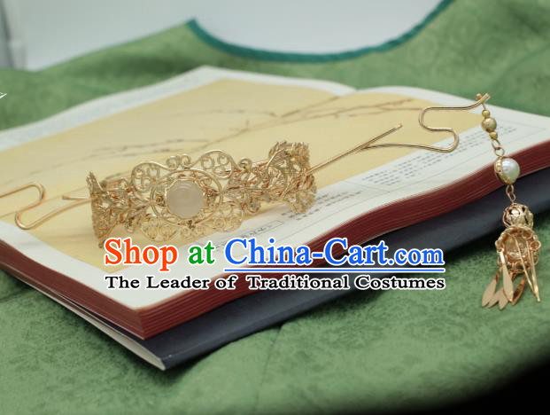 Traditional Chinese Ancient Handmade Golden Phoenix Coronet Classical Hair Accessories Tassel Hairpins for Women