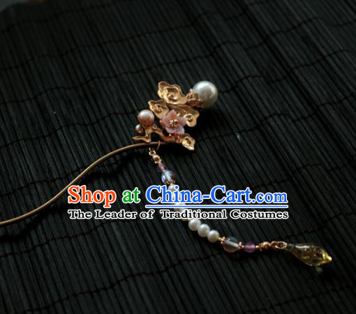 Traditional Chinese Ancient Pearls Tassel Step Shake Hair Clips Hair Accessories Handmade Hanfu Golden Hairpins for Women