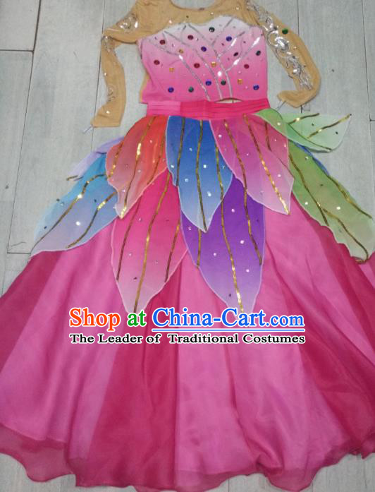 Traditional Chinese Classical Dance Costume, Folk Dance Yanko Lotus Dance Pink Dress for Women