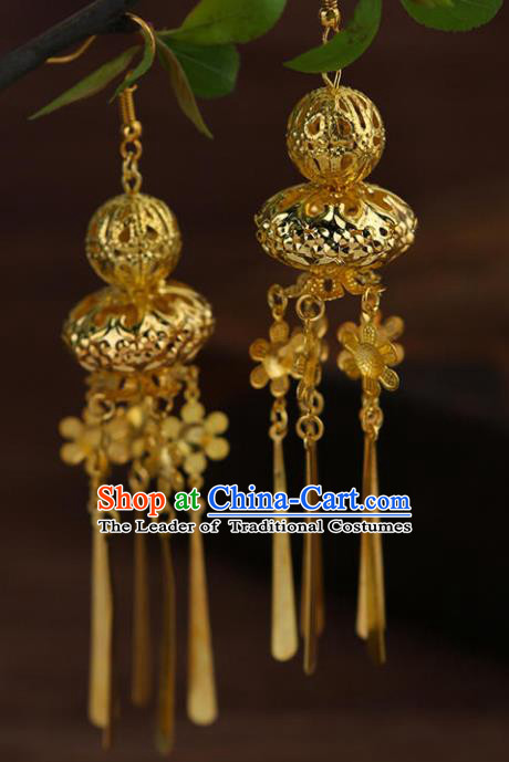 Chinese Traditional Classical Accessories Long Tassel Golden Calabash Earrings Headwear for Women