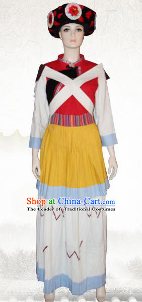 Traditional Chinese Naxi Nationality Dance Costume and Headwear, Nakhi Ethnic Pleated Skirt Minority Embroidery Clothing for Women