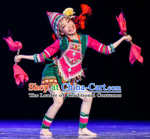 Chinese Traditional Folk Dance Ethnic Costume, Children Jino National Minority Classical Dance Clothing for Kids