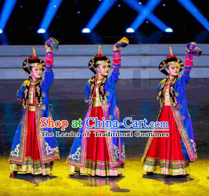 Traditional Chinese Mongolian Nationality Folk Dance Embroidered Costume, China Ethnic Minority Dance Clothing for Women