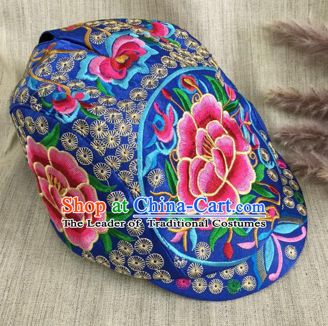 Chinese Traditional Embroidery Casquette Accessories Handmade Embroidered Peony Blue Caps for Women