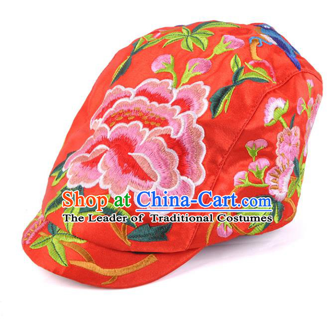 Chinese Traditional Embroidery Casquette Accessories Handmade Embroidered Peony Red Caps for Women