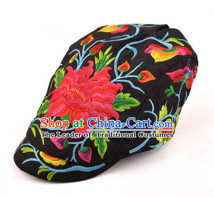 Chinese Traditional Embroidery Black Casquette Accessories Handmade Embroidered Peony Caps for Women