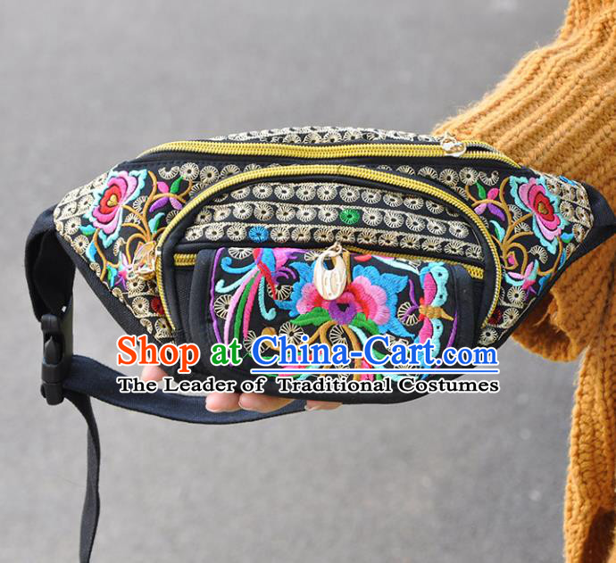 Chinese Traditional Embroidery Craft Embroidered Black Waist Bags Handmade Handbag for Women