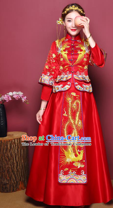 Chinese Ancient Wedding Costume Bride Red Dress, China Traditional Delicate Embroidered Toast Clothing Xiuhe Suits for Women