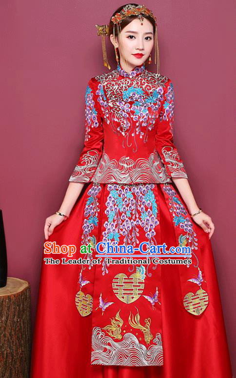 Chinese Ancient Wedding Costume Bride Toast Clothing, China Traditional Delicate Embroidered Dress Xiuhe Suits for Women