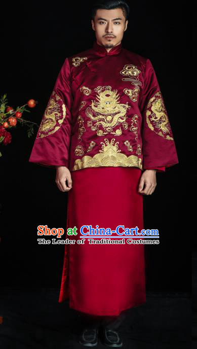 Chinese Traditional Wedding Costume China Ancient Bridegroom Tang Suit Wine Red Gown for Men