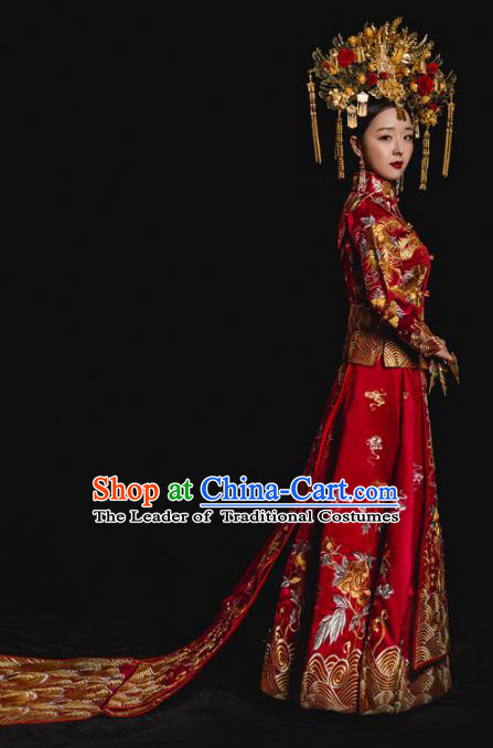 Chinese Traditional Trailing Xiuhe Suits Ancient Bride Embroidered Bottom Drawer Wedding Costumes for Women